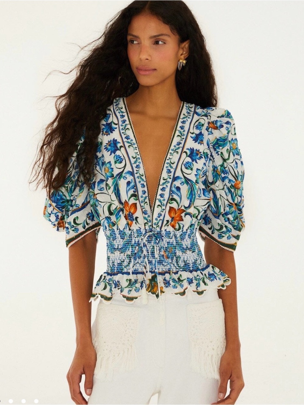 Farm Rio Off-White Flora Tile Smocked Blouse